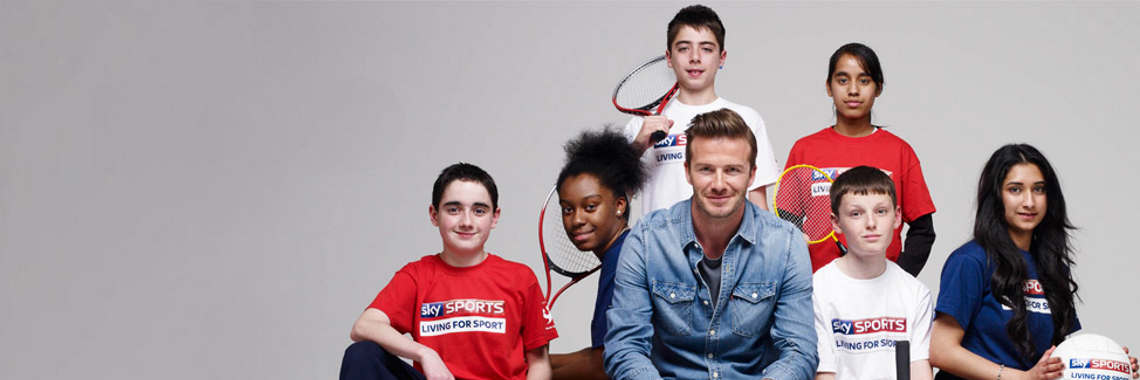 David Beckham with Sky Sports Living for Sport participants Adam Brown, Eden Anderson, Michele Meola, Maariyah Atta, Conor Greensmith and Nahida Begum